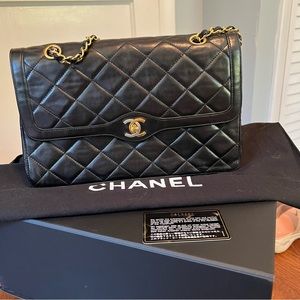 CHANEL BLACK QUILTED LAMBSKIN PARIS LIMITED DOUBLE FLAP MEDIUM